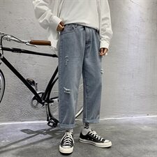 裤子春夏季破洞直筒牛仔裤韩版潮流宽松长裤男装裤港风，男装牛仔裤，星座1008
