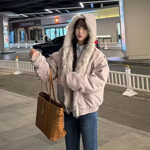 现货高品质美式高街冬季重磅硬挺短款座山雕毛领棉衣男女加厚外套图片