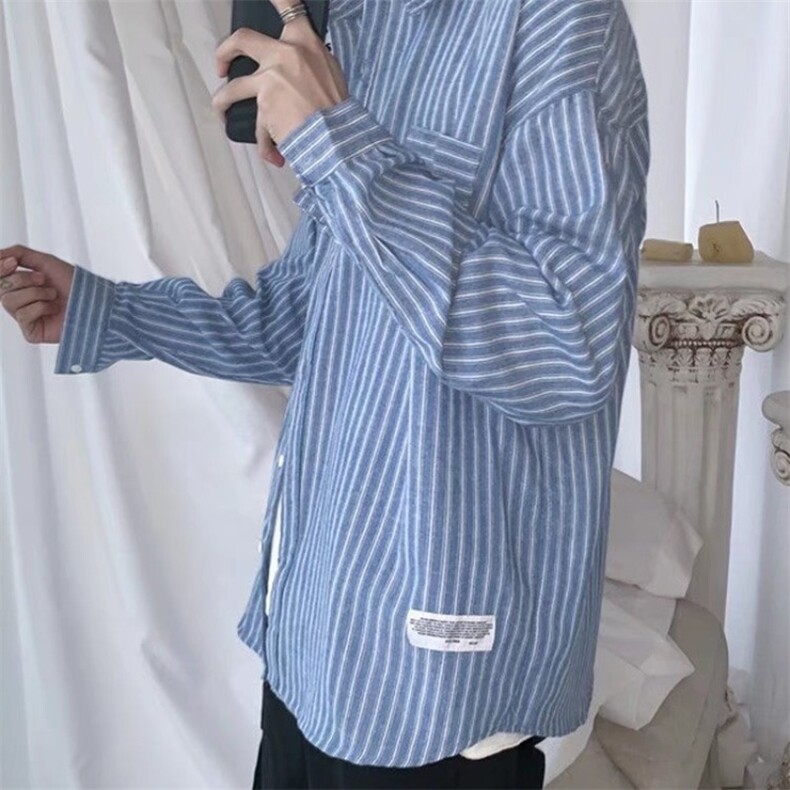 C135-P26条纹长袖衬衫男港风日系休闲百搭男士衬衣薄款夏季痞帅,男装T恤,电商B323A
