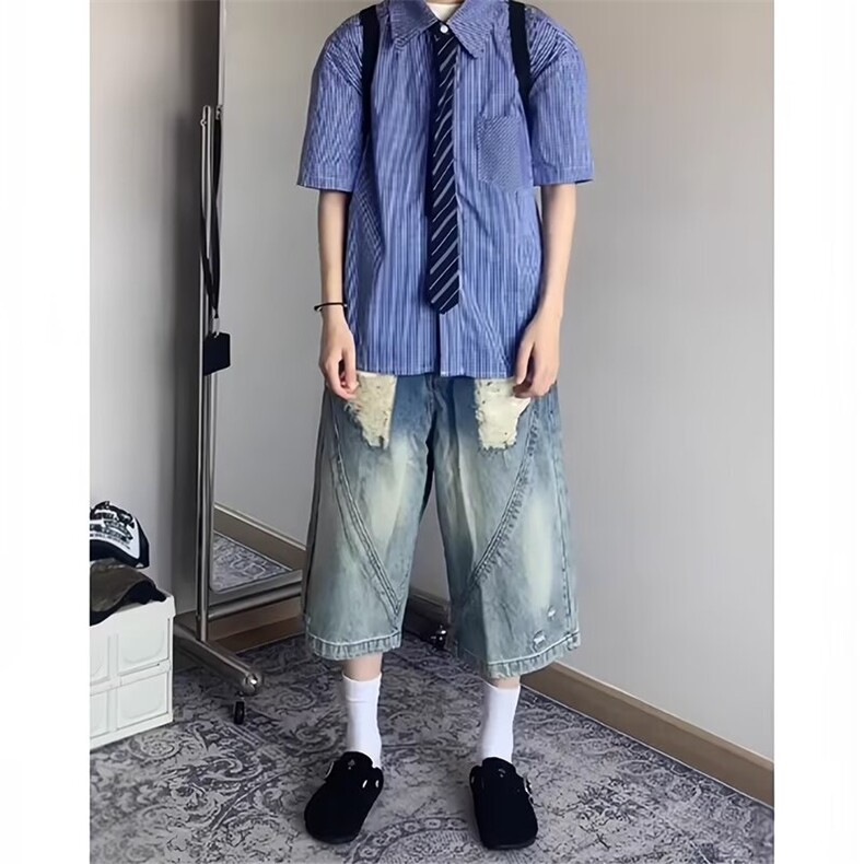 美式复古水洗破洞牛仔短裤男夏季新款阔腿七分裤子高街宽松直筒裤,男装牛仔裤,星座506A