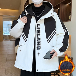 新款拼色男士连帽加绒加厚外套冬季图片