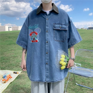 2023夏季高级感男工装衬衣休闲外套牛仔衬衫五分短袖W3437-P42图片