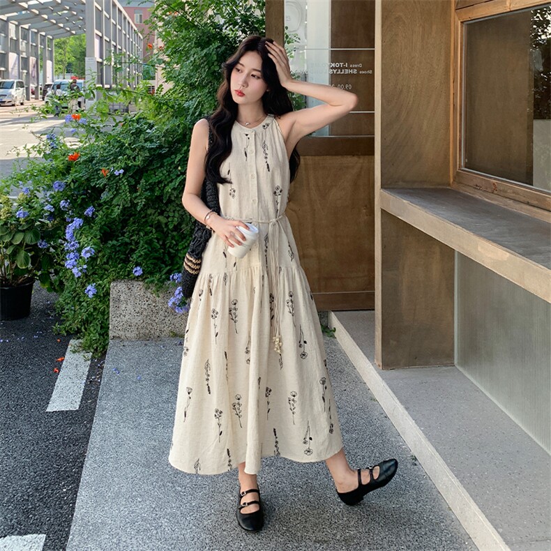 独特减龄感系带收腰印花挂脖连衣裙女夏2025新款绝美慵懒长裙及踝,女装连衣裙,2D034