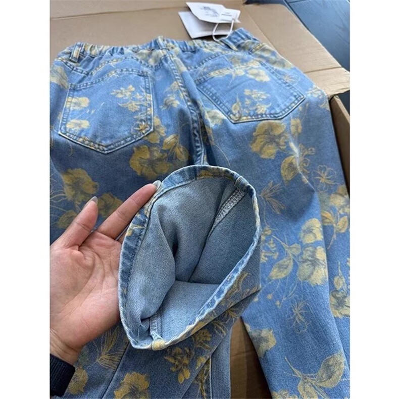 高腰阔腿牛仔裤新款花朵印花宽松显瘦直筒拖地裤513ACK2621P47,男装牛仔裤,星座513A