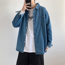 韩版潮流春季港风牛仔衬衫男长袖纯色上衣宽松痞帅衬衣W2444-P42，男装衬衫，星座512-2