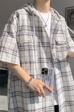 现货T10118-特批42控78活力格子衬衫男女宽松T恤短袖连帽开衫，男装T恤，电商A059