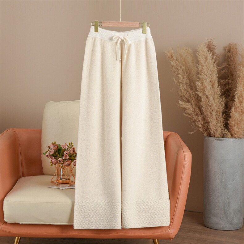 羊毛裤女秋冬高腰阔腿裤羊绒宽松针织直筒外穿加厚拖地长裤子女，女装休闲裤，西欧羊绒