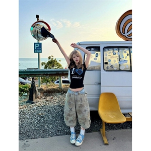 美式脏染阔腿牛仔七分裤男女夏季做旧废土风黄泥弯刀裤LD288-P52图片