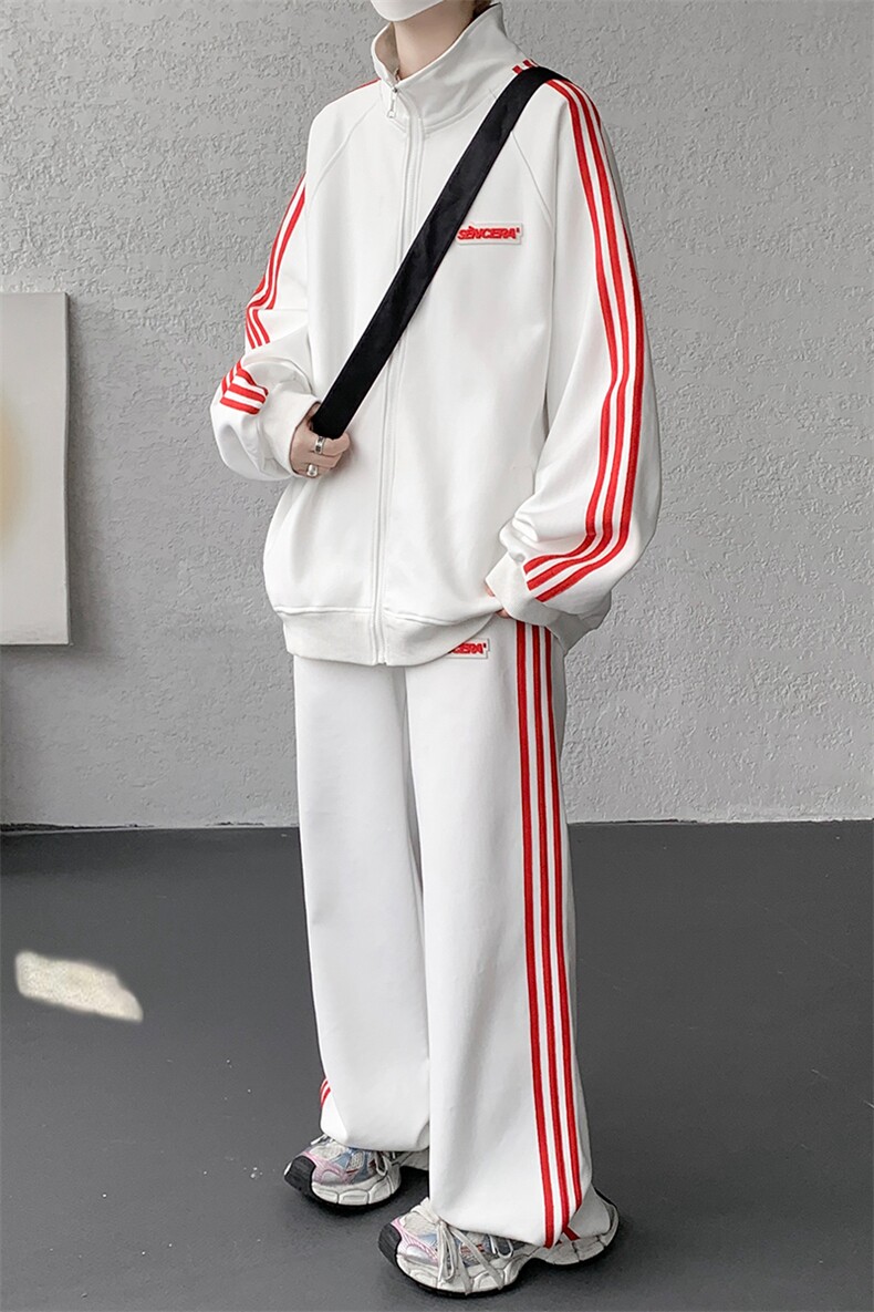 8XL-M条纹撞色开衫新年红卫衣运动套装潮牌运动服校园风TZ114P118,男装休闲套装,电商D206-1
