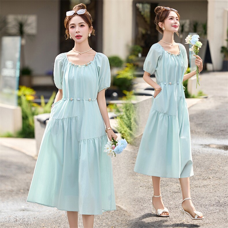 时尚泡泡袖设计甜美法式长裙2025夏季新款设计款串珠收腰连衣裙女，女装连衣裙，贵人树