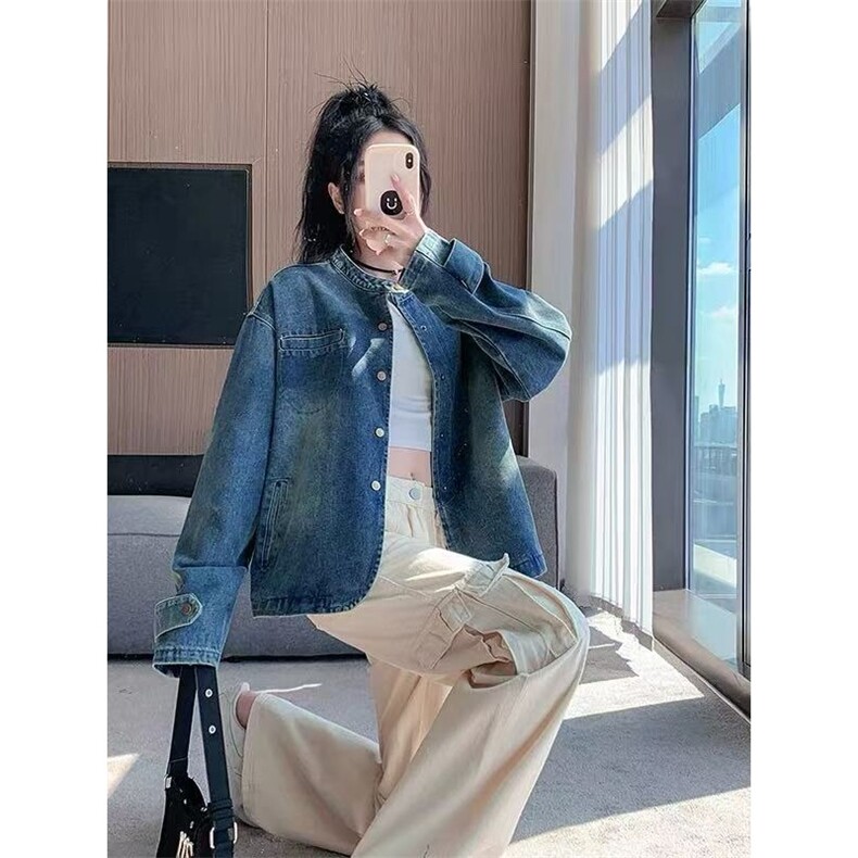 2025新款休闲圆领牛仔外套女上衣韩版复古宽松蓝色正肩小个子薄款,男装工装外套,星座1210-1