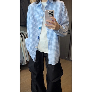 GENIOLAMODE多巴胺泡泡纱格纹长袖衬衫男女秋季宽松情侣休闲衬衣图片