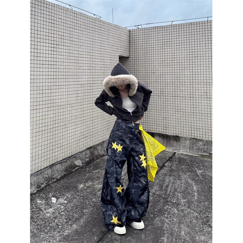 W10873-P58网图现货百搭简约新款流行星星潮流弯刀迷彩牛仔裤,男装牛仔裤,星座1608