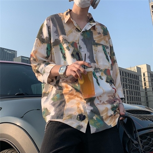 2026夏休闲水墨画冰丝凉感短袖五分袖半袖衬衫 CS29/特P30 卡其色图片