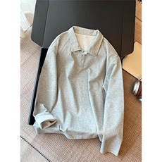 抖音得物高品质美式高街重磅曼巴棉结构螺纹拼接翻领卫衣长袖T恤，男装T恤，电商A486-1