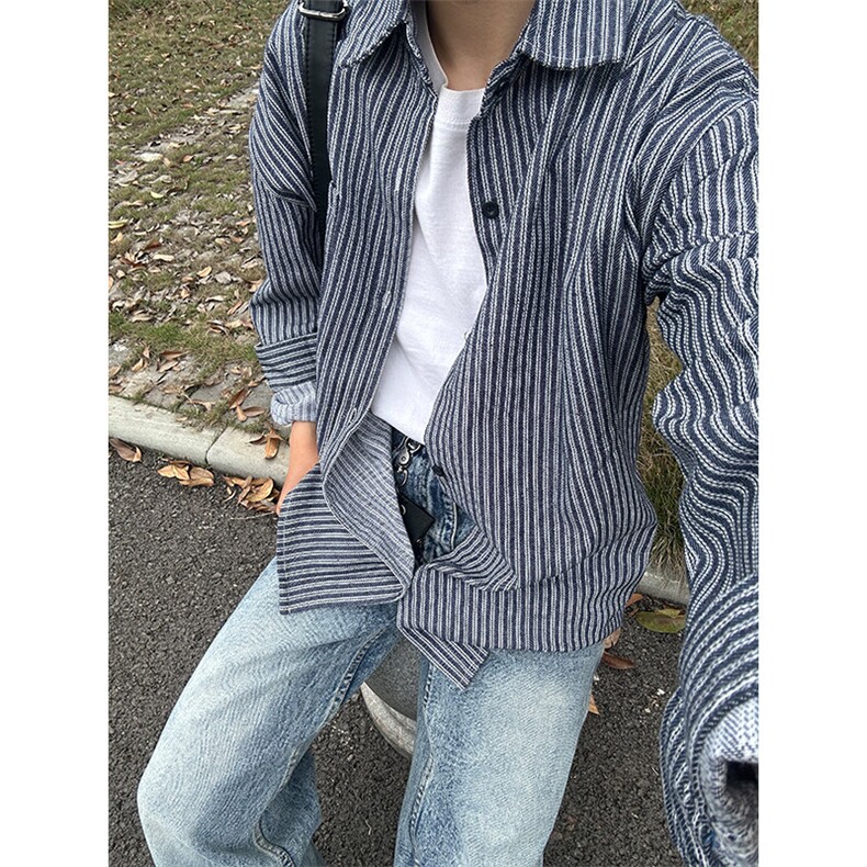 条纹衬衫潮牌长袖衬衣宽松港风休闲外套CS287-P45,男装衬衫,星座301C-5