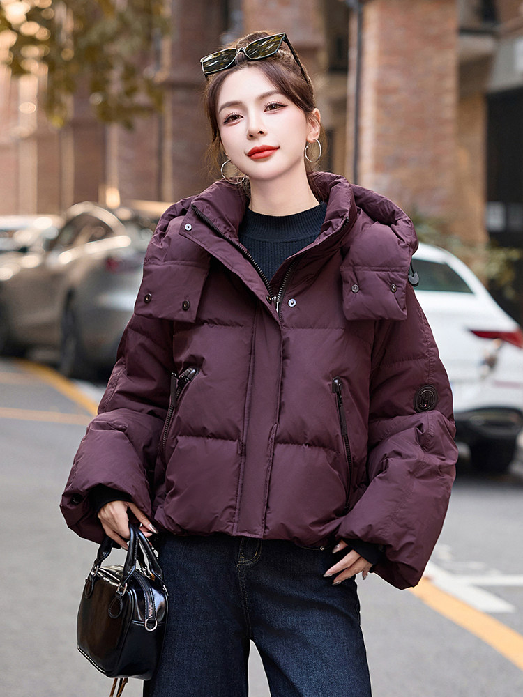 超好看紫色短款羽绒服女2024冬新款小个子宽松时髦洋气白鸭绒外套,女装羽绒服,伊仟回