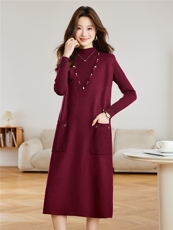 两件套钉珠半高领针织连衣裙女秋冬2025新款小个子显瘦打底毛衣裙，女装针织衫/毛衣，艾米