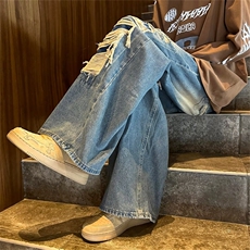 美式复古牛仔裤男水洗做旧宽松阔腿直筒拖地潮牌高街裤子XN09-P52，男装牛仔裤，星座1008