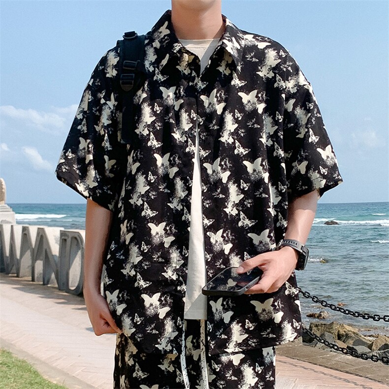 特批P27无差价夏季冰丝薄款蝴蝶印花休闲个性短袖衬衫男士CD1930图片