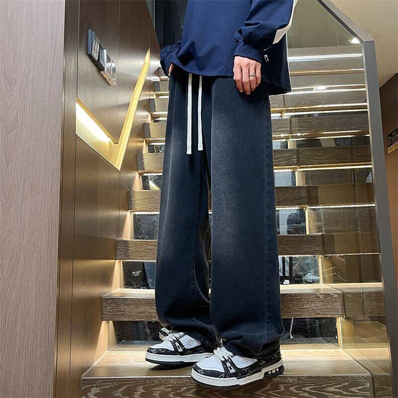 主推港风街头宽松直筒休闲潮流百搭抽绳磨白男女牛仔裤NH039外贸,男装牛仔裤,星座224-1
