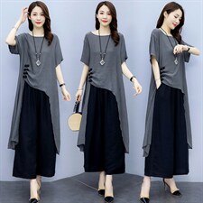 2021夏季新款简约优雅时尚气质圆领显瘦休闲舒适两件套，女装套装/套裙，香香