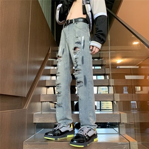 美式高街微喇水洗做旧浅色破洞牛仔裤男潮牌欧美宽松K3006-P48图片