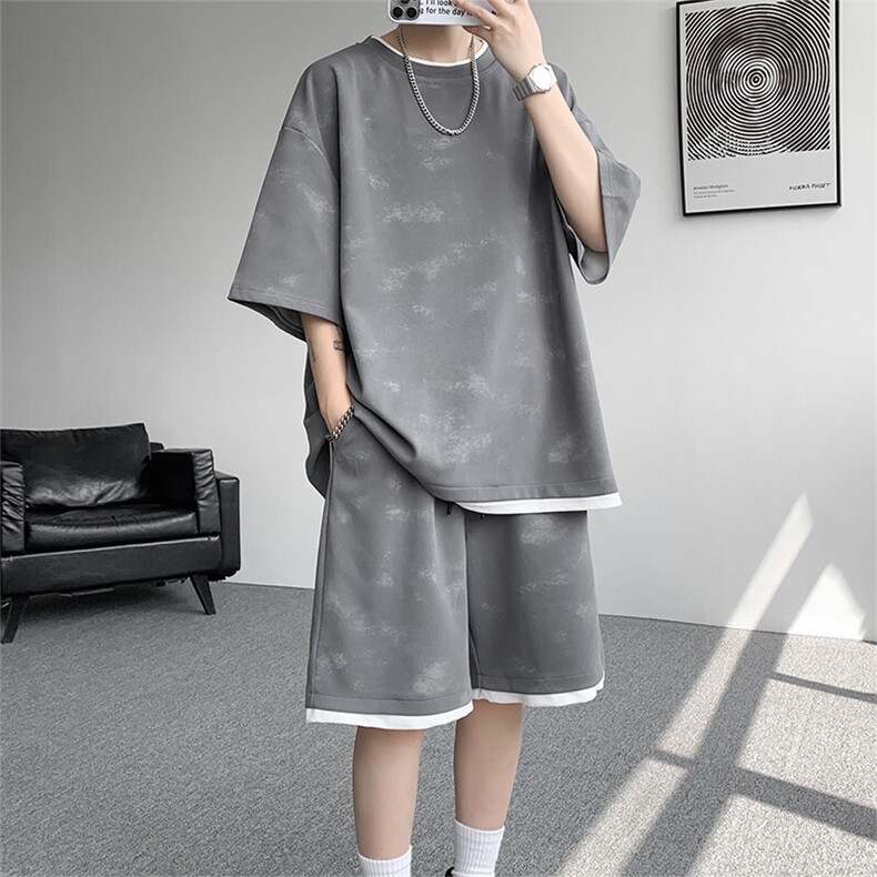 TZ6816-特P55控98250克夏季男士宽松扎染冰丝假两件短袖短裤套装，男装牛仔裤，电商A058-1（原电商C417）