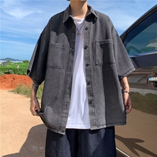 牛仔七分袖衬衫男夏季ins痞帅潮牌工装衬衣港风日系外套CY801-P43，男装衬衫，星座412-2