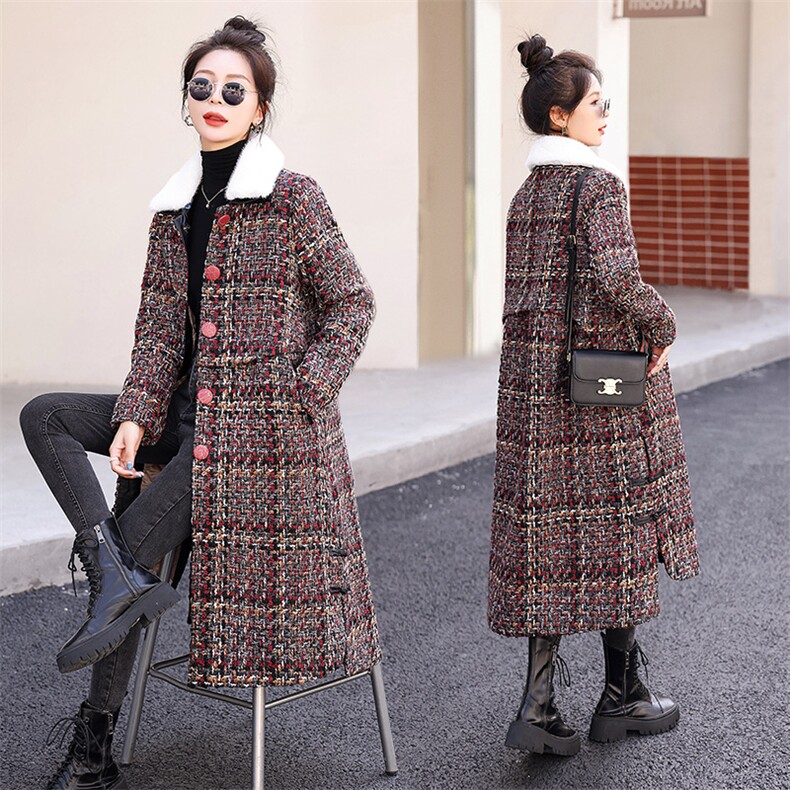 时尚格子加厚毛呢大衣显瘦保暖长款外套，女装毛呢外套，橙子家