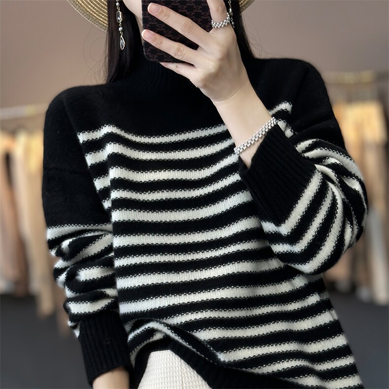 韩版时尚慵懒100%羊毛衫女半高领黑白条纹长袖宽松羊绒衫打底毛衣,女装羊毛衫,宋氏羊绒