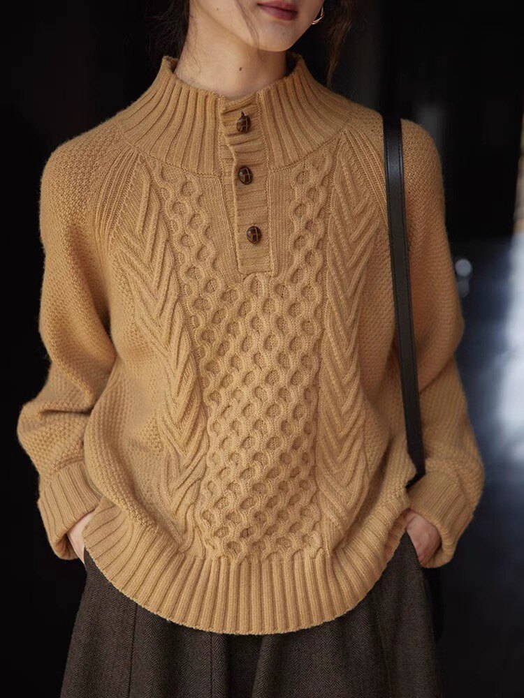 新款复古加厚半高领单排扣设计感麻花35%羊绒慵懒风套头针织衫，女装羊绒衫，以美红杉羊绒