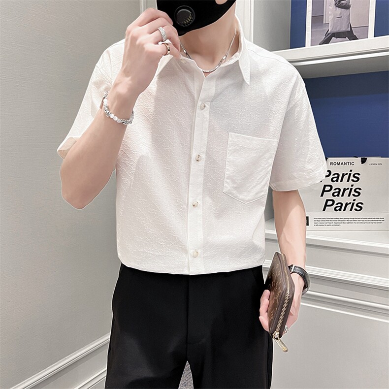 抖音品质棉衬衫短袖衬衫男装社会小伙休闲宽松衬衣TZ99P50控78,男装T恤,电商B413