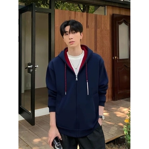 抖音得物二开美式高街重磅结构双层撞色连帽卫衣开衫外套W116图片