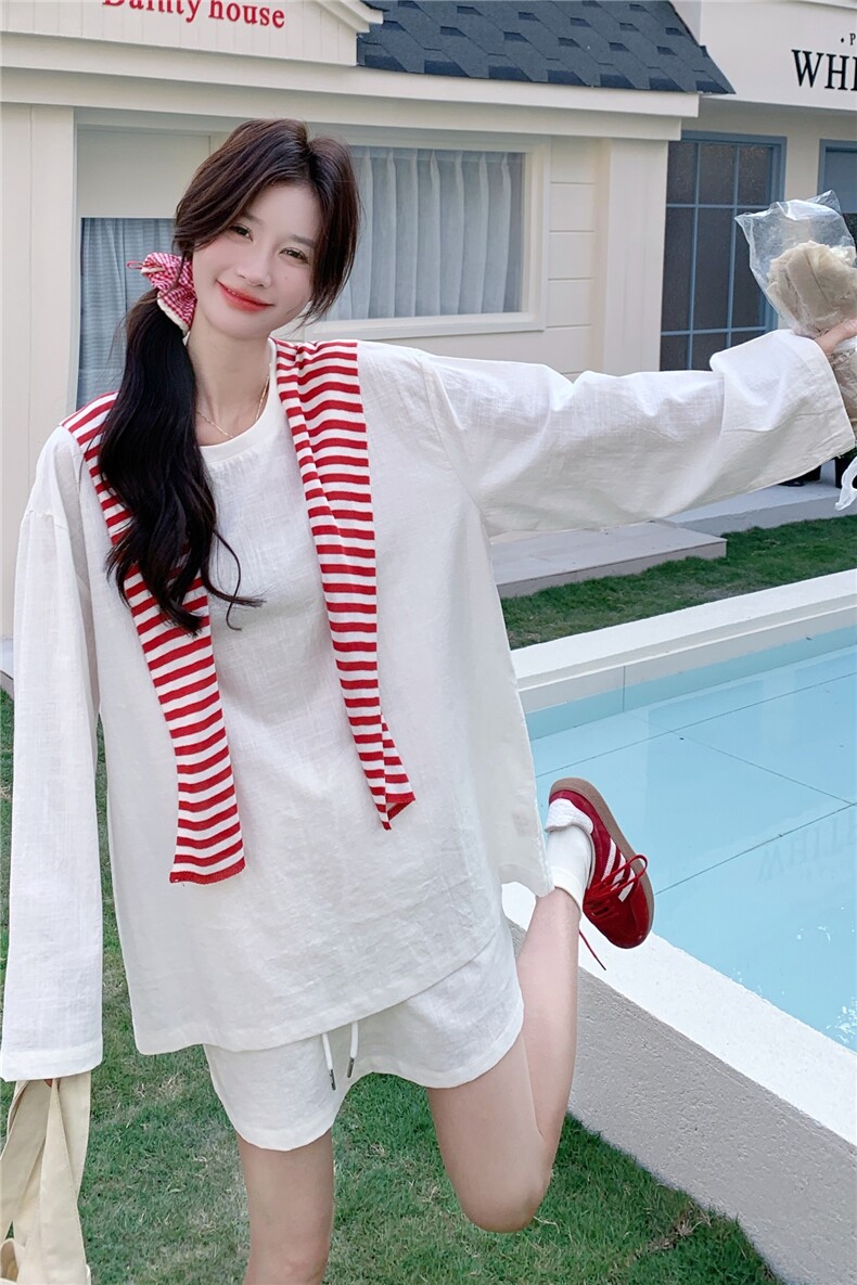 高级感条纹披肩轻薄防晒套装2025夏季学院风长袖T恤搭短裙两件套,女装套装/套裙,浙宝A馆126