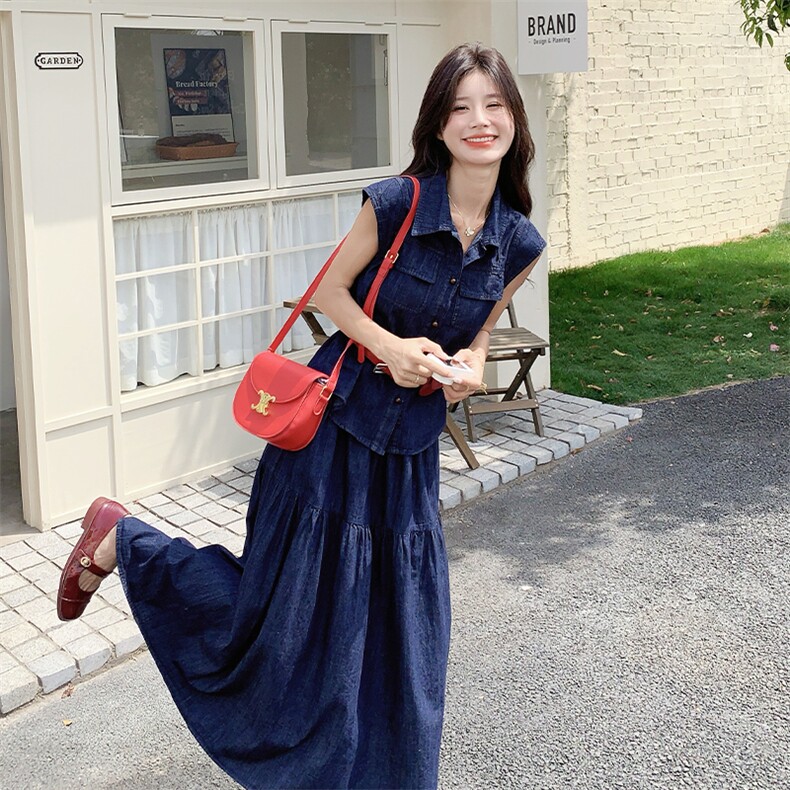 牛仔套装裙女2025夏季新款时尚减龄复古洋气无袖衬衫半身裙两件套,女装套装/套裙,2C269