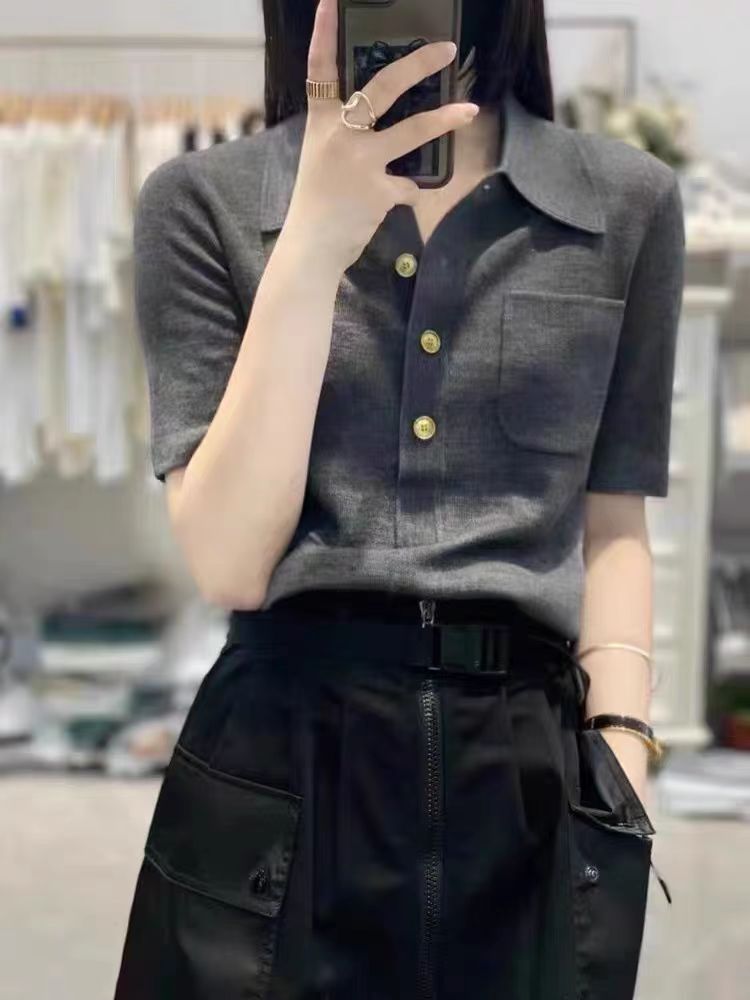 时髦洋气Polo领羊毛针织短袖女欧洲站宽松显瘦半袖衬衫翻领T恤衫图片