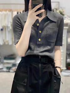 时髦洋气Polo领羊毛针织短袖女欧洲站宽松显瘦半袖衬衫翻领T恤衫图片