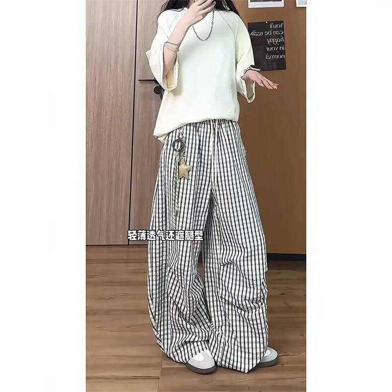 美式慵懒风松弛感格子弯刀裤女夏季薄款宽松直筒休闲阔腿运动裤女,女装休闲裤,星座506A