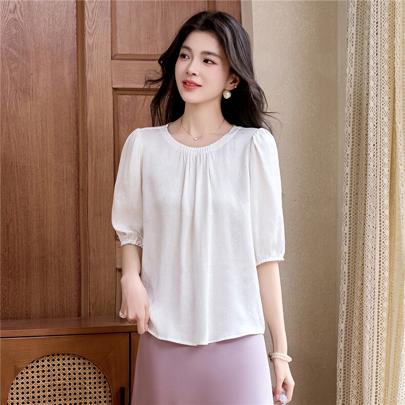 新款夏季真丝套头衬衫2025年新款夏季圆领五分袖纯色简约上衣，女装衬衫，阿舍尔精品