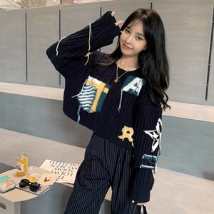 流苏提花毛衣女秋季圆领套头短款宽松藏肉显瘦针织衫潮图片