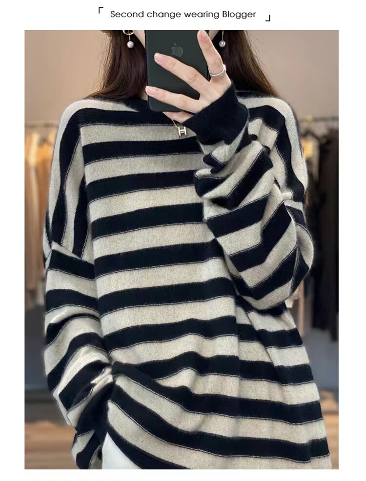 圆领条纹羊毛衫女宽松慵懒风秋冬新款长袖羊毛针织衫,女装羊毛衫,千御纺羊绒