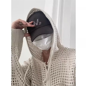 现货镂空连帽针织衫男高级感网状长袖防晒衣网眼毛织线衣开衫外套图片
