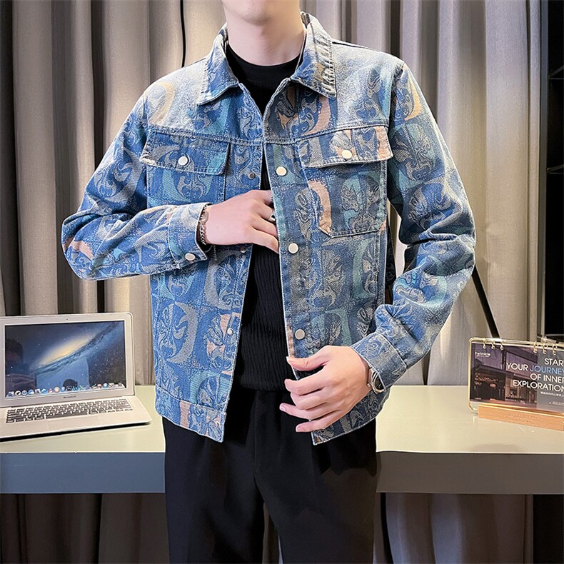 2025春季新款水洗男士牛仔夹克痞帅小伙个性提花印花图案外套,男装夹克,电商A225