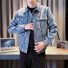 2025春季新款水洗男士牛仔夹克痞帅小伙个性提花印花图案外套，男装夹克，电商A225