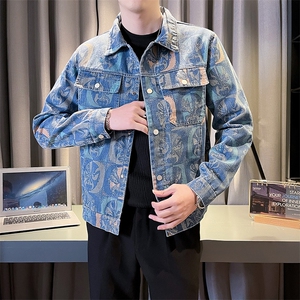 2025春季新款水洗男士牛仔夹克痞帅小伙个性提花印花图案外套