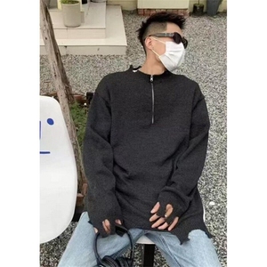 美式街头设计感破坏半拉链毛衣宽松情侣秋季针织衫 M5325图片