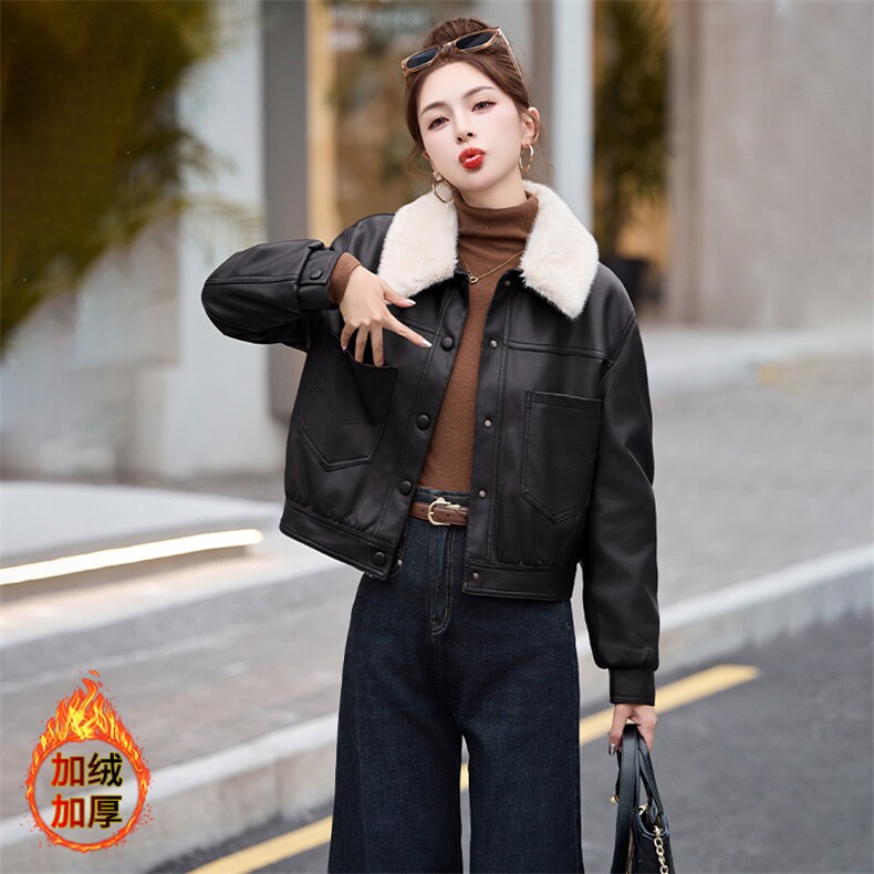 现货海宁f仿真皮皮衣女加绒加厚短款2024冬季新款女士宽松皮外套,女装皮衣,美拉德工厂直营店