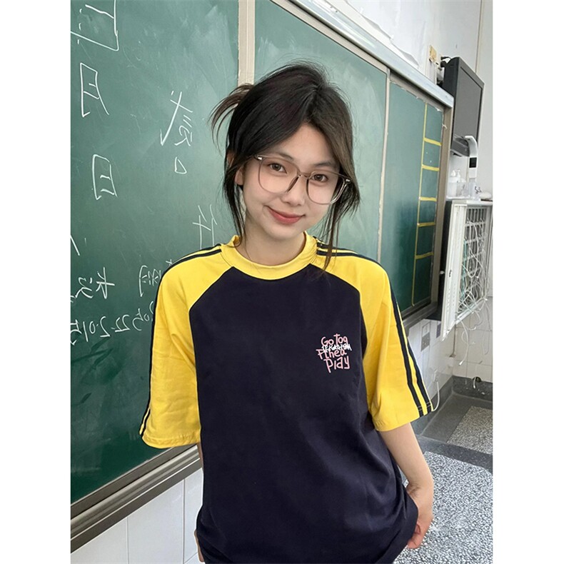 夏季美式高街重磅纯棉三条杠织带插肩撞色男女短袖T恤CZ128-特P25,男装T恤,电商A486