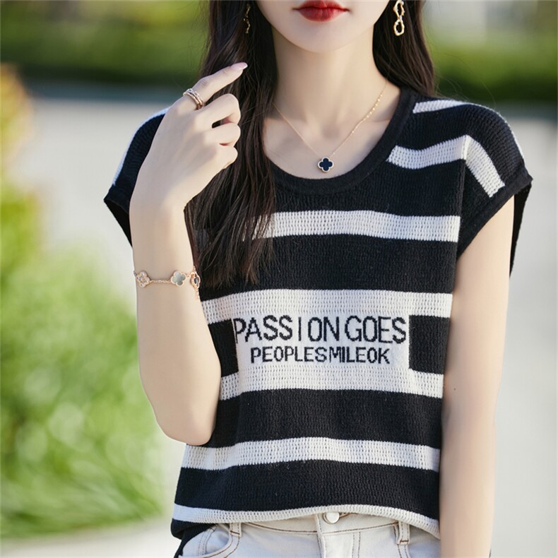 条纹冰丝短袖针织衫女夏季款韩版宽松设计感刺绣字母镂空气质上衣,针织衫/毛衣,斯美雅安迪绒